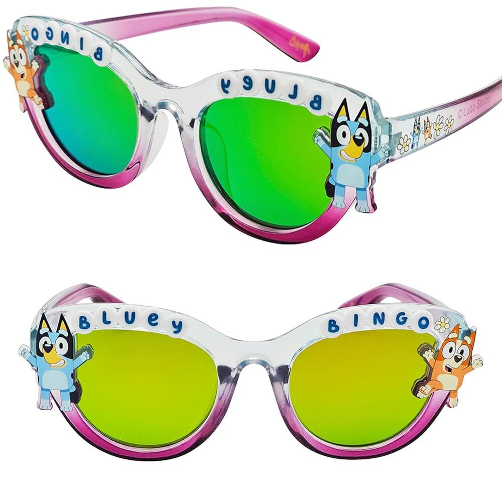 Bluey Bingo Girls Clear Pink Round Sunglasses Mirrored Green Lenses Kids
